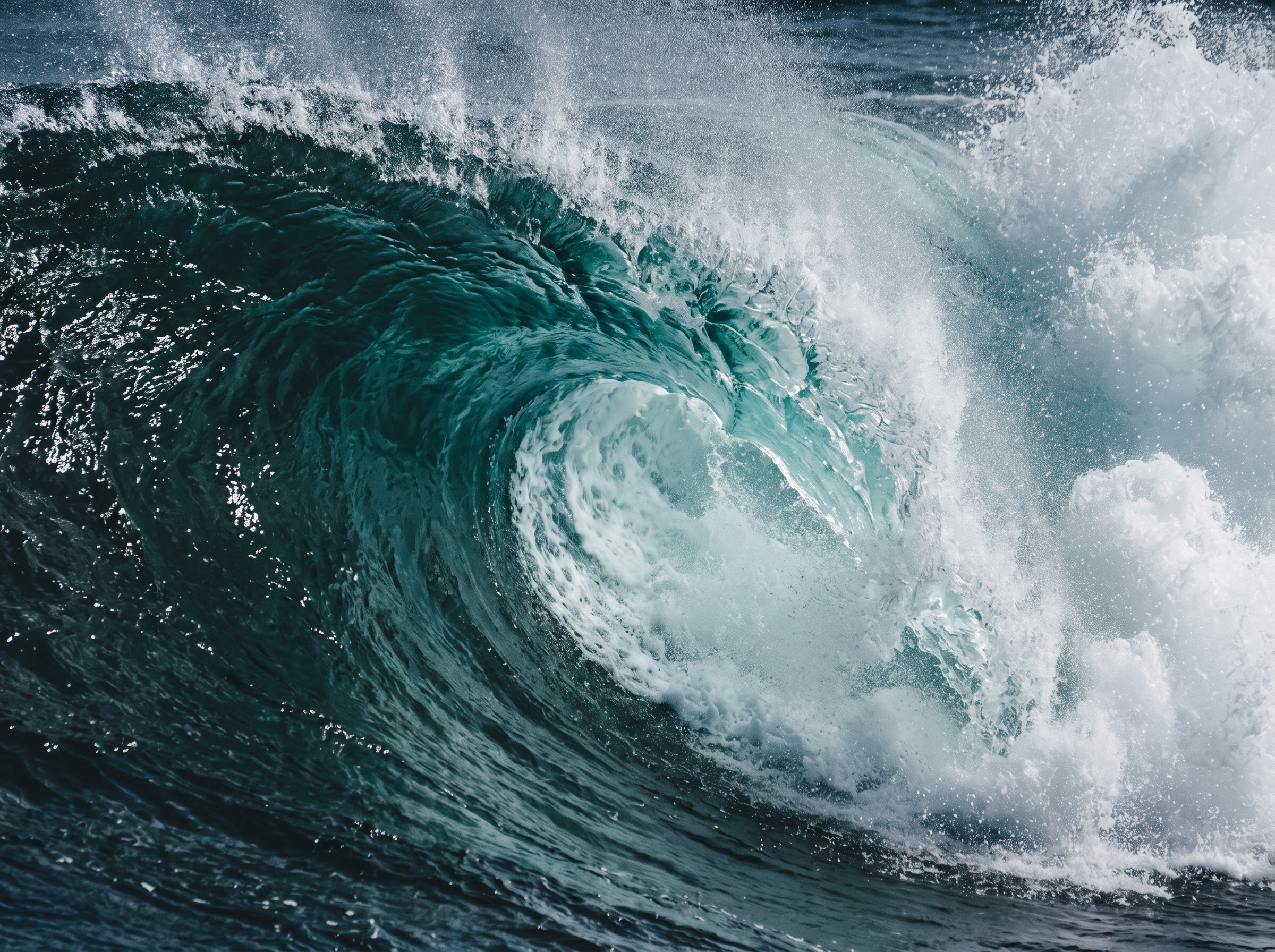 Deep teal wave curling beneath a misty sky